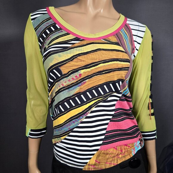 Vintage Save The Queen Top blouse size L Abstract Print Mesh Sleeves Stretch - Picture 2 of 13